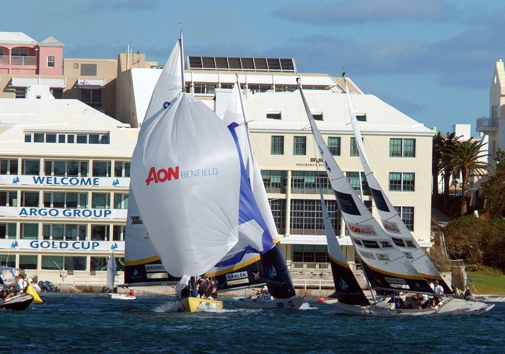 Ian williams and Ben Ainslie approach the weather mark as Minoprio and Hansen head downwind in the 2010 Argo Group Gold Cup. ©  Talbot Wilson / Argo Group Gold Cup http://www.argogroupgoldcup.com/